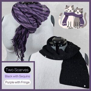 Two Elegant Scarves Set: Black Sequin &‎ Purple Fringe (GUC)